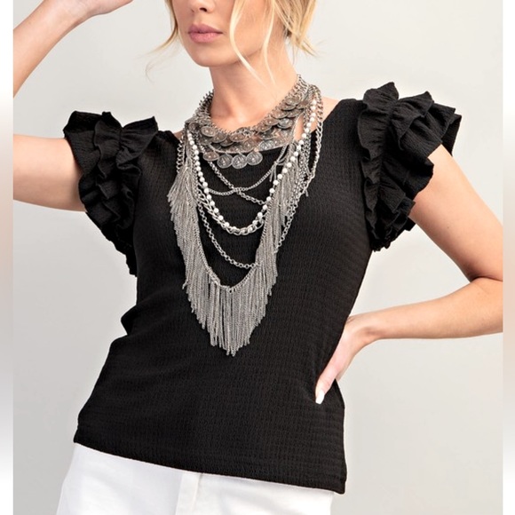 New Fabulous Ruffle Sleeve Textured Knit Fitted Top - Picture 2 of 6